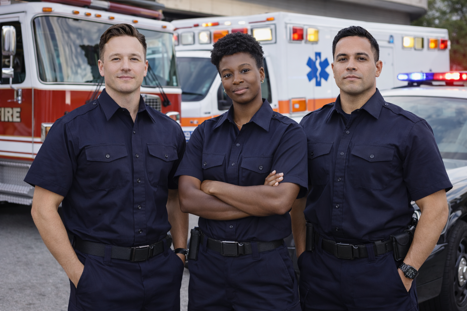 Three first responders standing in front of a fire engine, ambulance, and police vehicle wearing navy performance station uniforms designed for durability, comfort, and long-shift professional wear.