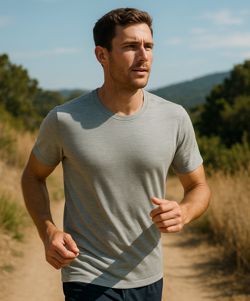 Man running outdoors in a lightweight gray Merino wool performance t-shirt, highlighting breathable comfort, moisture management, and all-day wear during warm-weather activity.