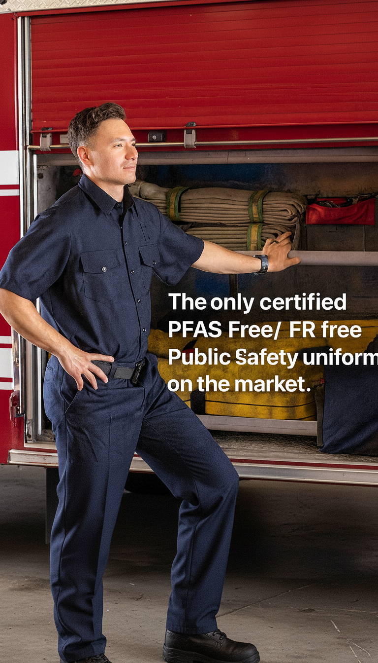 Firefighter standing beside a fire engine wearing a navy PFAS-free and FR-free public safety uniform designed for long shifts, operational comfort, and firefighter performance.