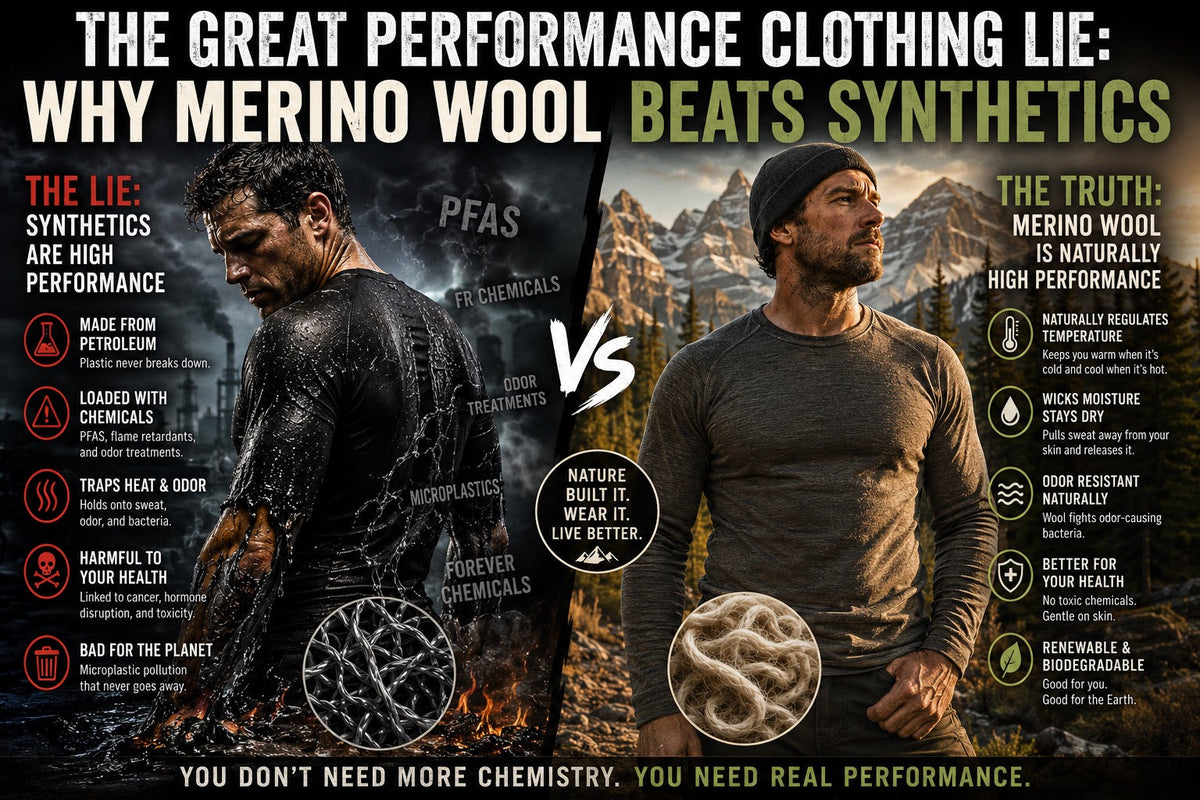 Split-screen infographic comparing synthetic performance clothing versus Merino wool.