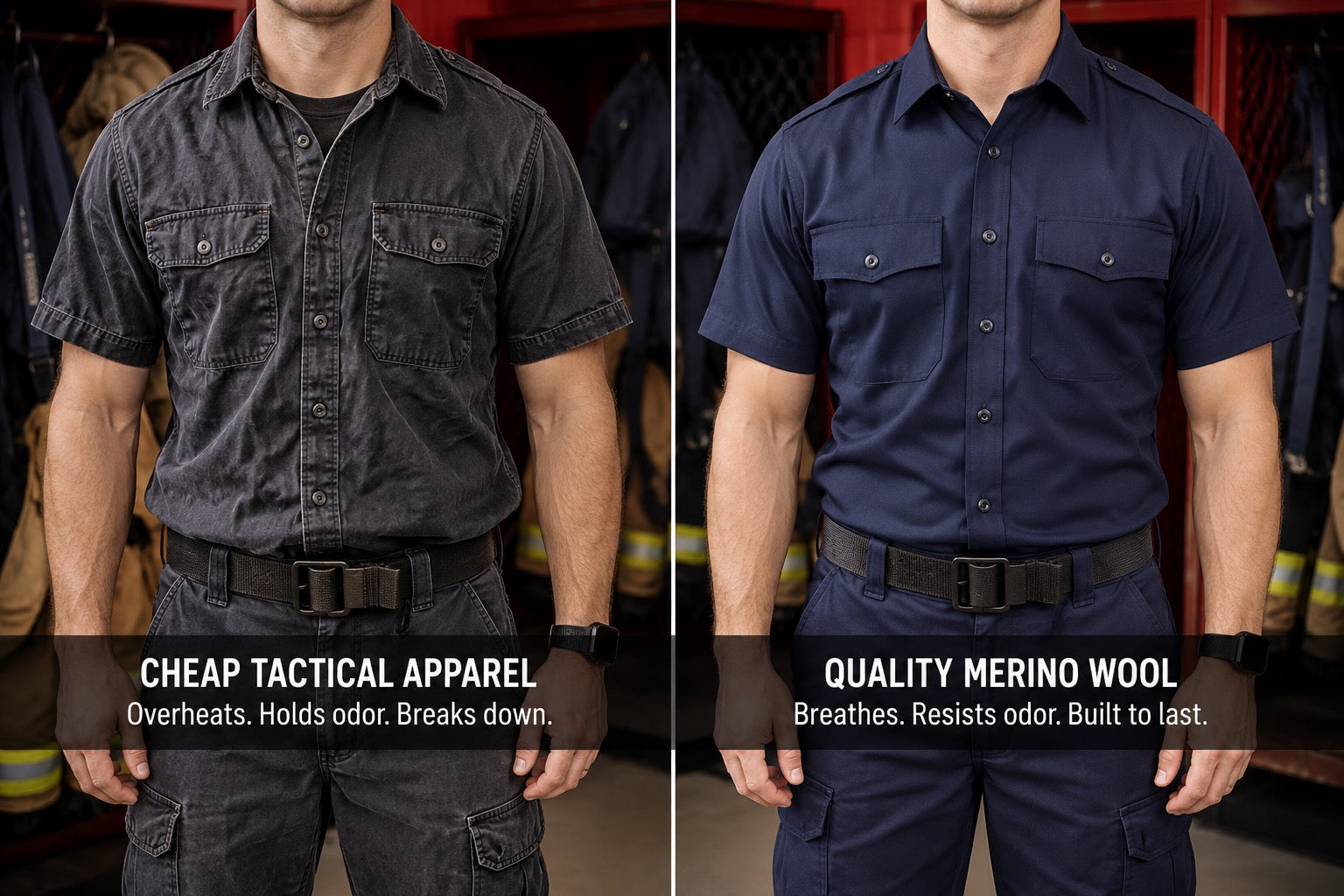 Split comparison graphic showing worn cheap tactical apparel versus clean Merino wool station wear inside a firehouse, highlighting breathability, odor resistance, durability, and long-shift firefighter performance.